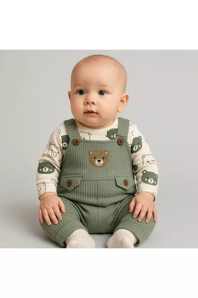 طقم رضيع أولاد من قطعة واحدة مطرز على شكل دب 3 قطع – قميص داخلي، لبسة كاملة وجوارب | ملابس طفل من 3-6-9 أشهر