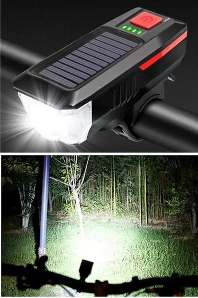 Phare avant de vélo solaire, klaxon de vélo, lampe avant étanche rechargeable par USB à énergie solaire