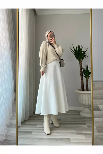 Women's Puff Scuba Modest White Flared Skirt