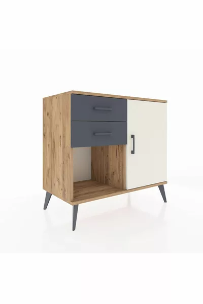 خزانة هايبيريون ذات رف واحد ودرجين وباب واحد، خشب الصنوبر - حجر آهاتي/أنثراسيت