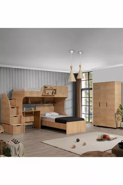 Letto a castello, Aura Letto a castello Scrivania Armadio a 3 ante, Noce chiaro