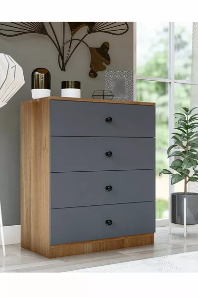 خزانة صوفية GM Almina بأربع أدراج ومقابض زر، رمادية فحمية وجوز