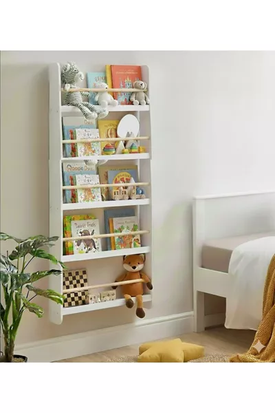 رف جداري للأطفال من مونتيسوري أبيض بخمس رفوف لغرفة رياض الأطفال وغرفة النشاط، مكتبة حائط