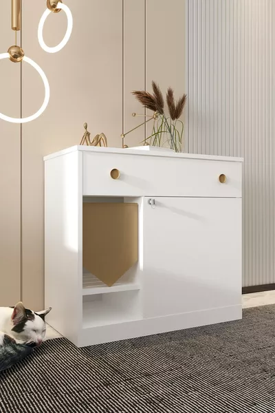 حمام القط الخشبي من مونَا مع درج - الغطاء قابل للقفل - يشمل القماش عند المدخل - لا يشمل صندوق الرمال - أبيض