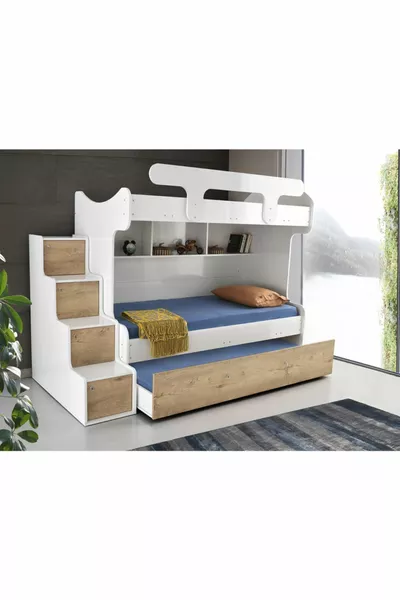 Samara Bunk Bed - 3-Bed Bunk Bed with Ladder - Bunk Bed with Trundle - Glossy White-Sonoma Walnut
