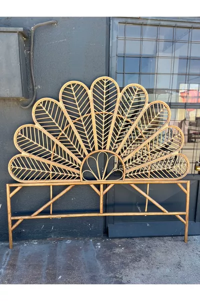 رأس سرير من الخيزران والروطان المنسوج يدويًا مزدوج اللون جوز القياس سم