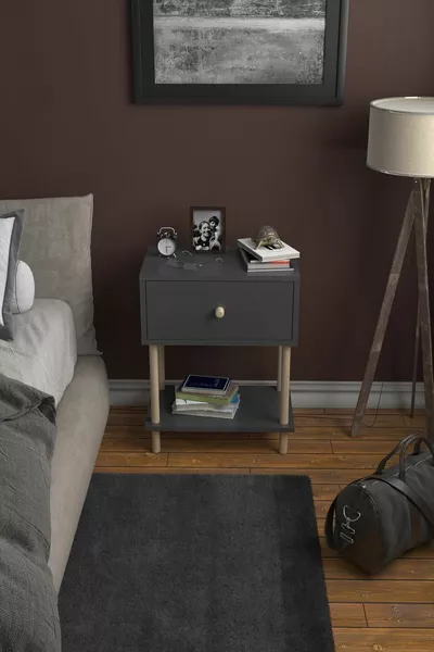 Comodino moderno con anta ribaltabile, ripiani, organizer da comodino per camera da letto, tavolino laterale con gambe in legno - Antracite