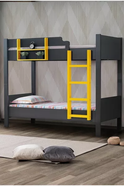 Легло на два етажа, Разглобяемо легло за деца, 2-местно, Антрацит - Жълто - см