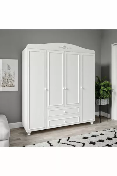 Armadio Romantic a 4 ante, 2 cassetti, in stile avanguardista (% MDF)