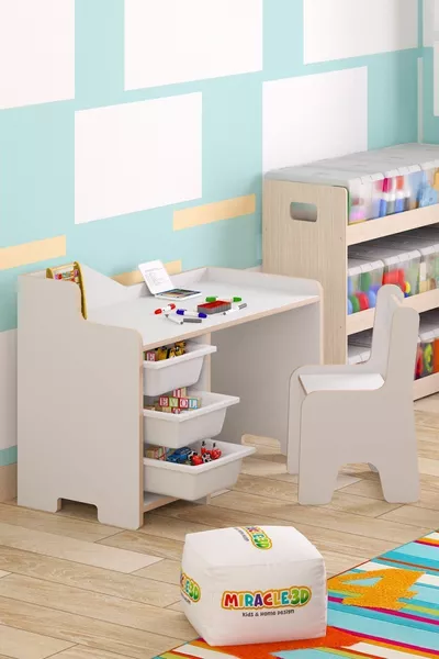 Bureau d'étude pour enfant Cm avec 3 paniers et chaise avec dossier pour enfant