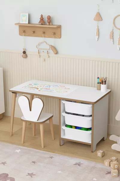 Children's Activity Table with Drawing Paper Roll, 3 Drawers, and Rabbit Chair