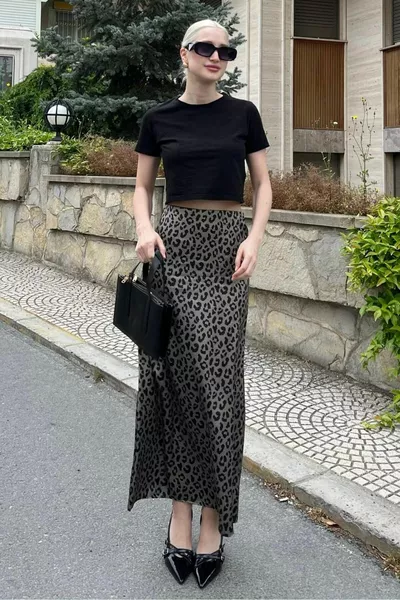 Green Leopard Print Midi Length Satin Skirt 