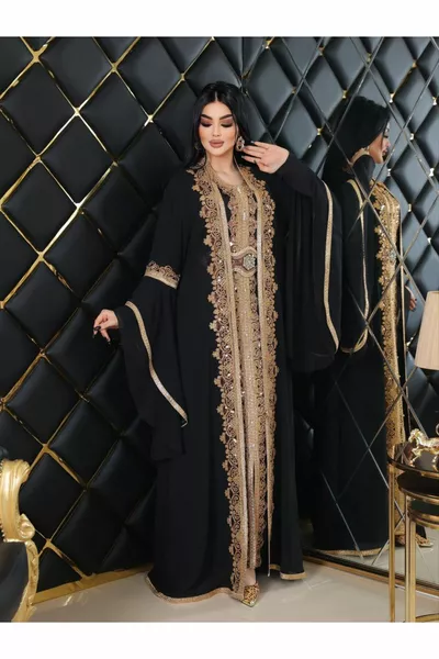 Zena Fashion Six Dress Top Abaya Embroidered Belted Evening Dress Kaftan