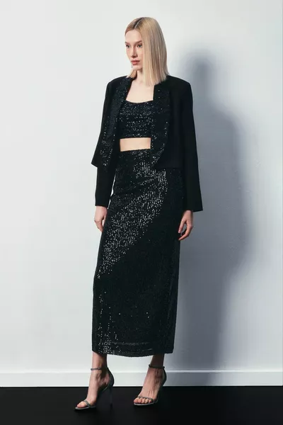 Sequined Long Skirt - BLACK