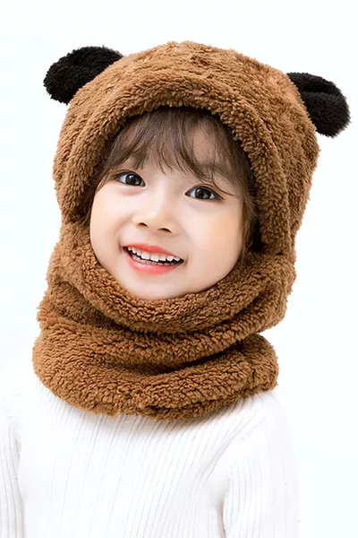 Cute Teddy Bear Panda Kid Hoodie with Ears Plush Beanie Welsoft Windproof Hat with Neck Warmer