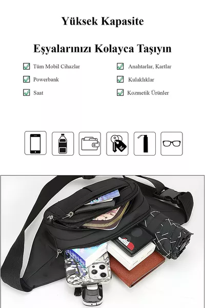 Sac banane noir unisexe imperméable avec bandoulière croisée, sac à dos pour la marche, la course et les activités de plein air