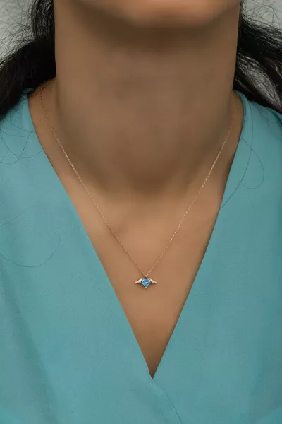 Ayar Silver Aquamarine Stone Flying Heart Necklace