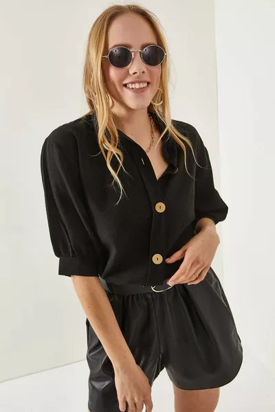 Женская черная деревянная рубашка на пуговицах Truvakar Рукав Льняная рубашка 