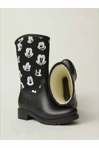 Mickey Polka Dot Printed Black Waterproof Girls Rain Boots