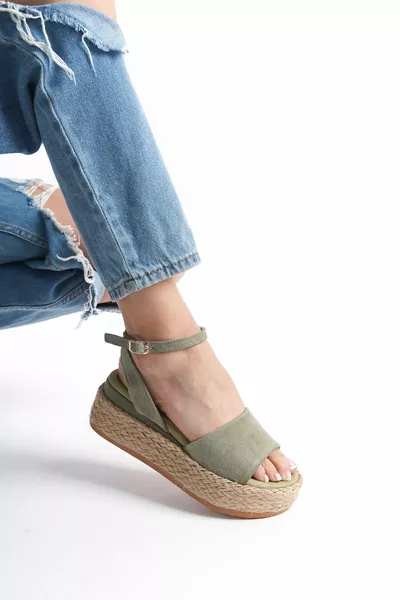 ريفا الأخضر من جلد الغزال المرأة جلد طبيعي الخوص الحشو الصنادل الوحيدة