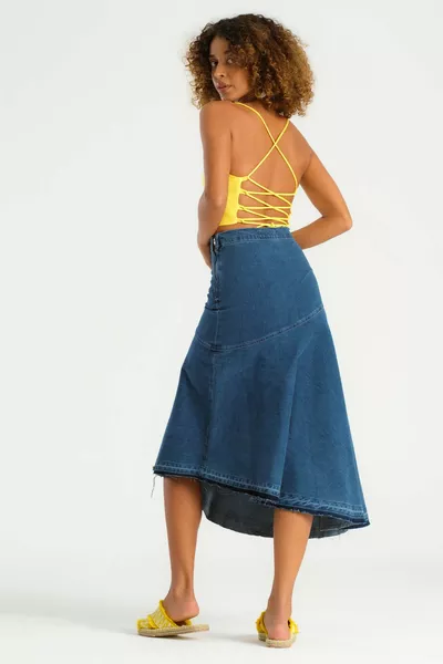Women's Blue Color Flounced Midi Length Casual Cut Denim Skirt