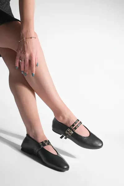 Dames Dubbel Gestreepte Geniete Casual Ballerina's Bekosa Zwart