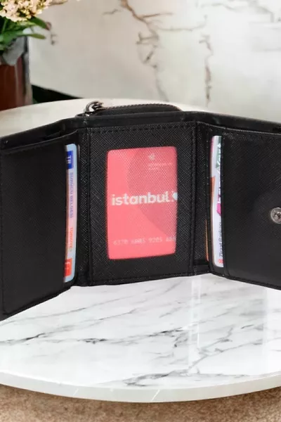 Women's Stylish Black Wallet Card Holder Accessory With Zipper And Snap Coin Compartment