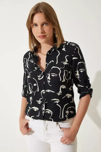 Dames zwart gedessineerd basic shirt 