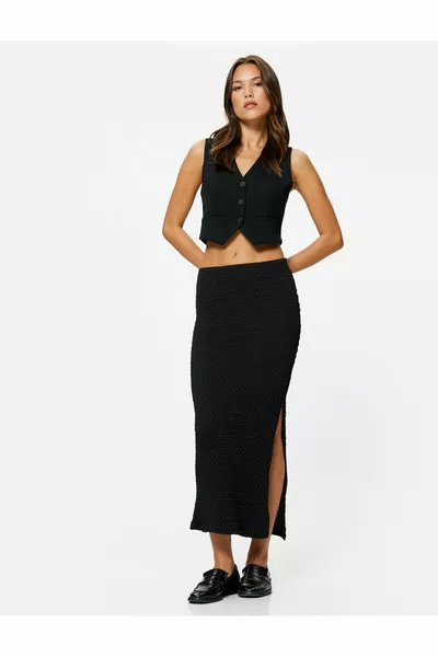 Юбка миди с разрезом Детализированная текстурированная стандартная талия