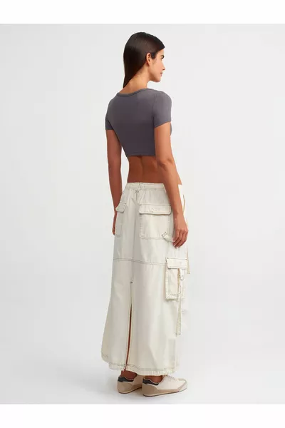  Cargo Long Slit Skirt-Ecru
