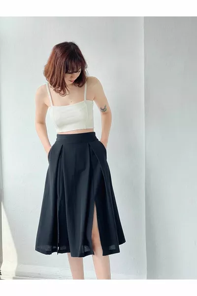 تنورة عالية الخصر (مع جيوب) أسود نسائي