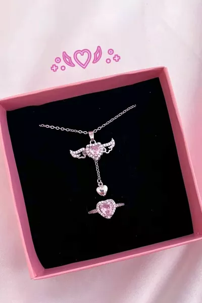 Collana mobile in acciaio con cuore ad ala e anello regolabile in argento con zircone Pandora