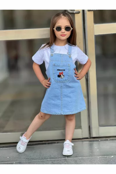 minnie nakışlı Kot Ayarlanabilir Askı Jile / Denim Elbise