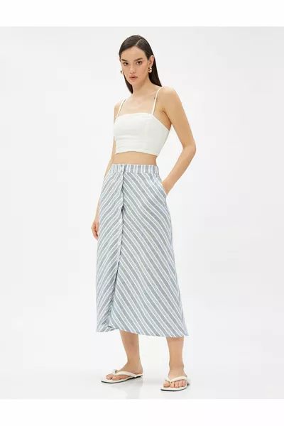 Midi Etek Düğme Detaylı Keten Karışımlı