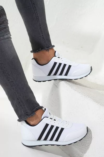 Men's White Black Striped Casual Casual Soft Sole Comfortable Lace-Up Sneaker Sneakers