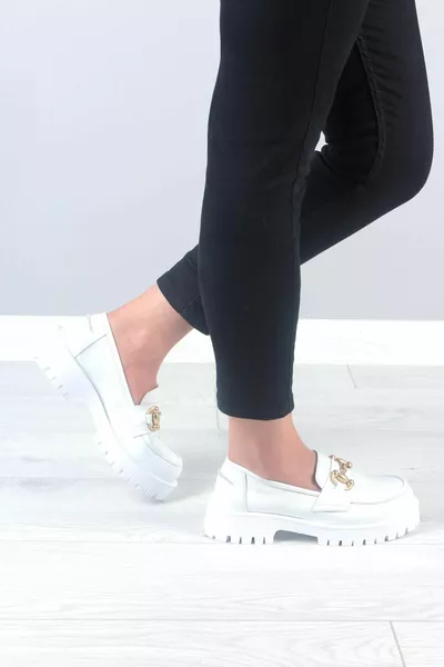 Blanc Cuir Véritable Semelle Haute Mocassins Femmes Chaussures