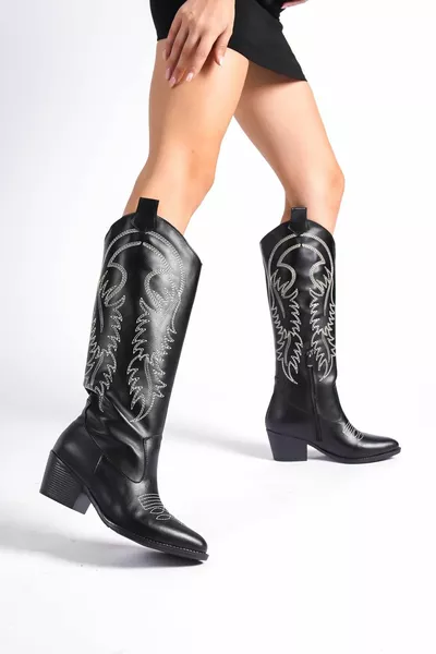 Zwarte Leer Witte Geborduurde Rits Lange Westerse Cowboylaarzen voor Vrouwen