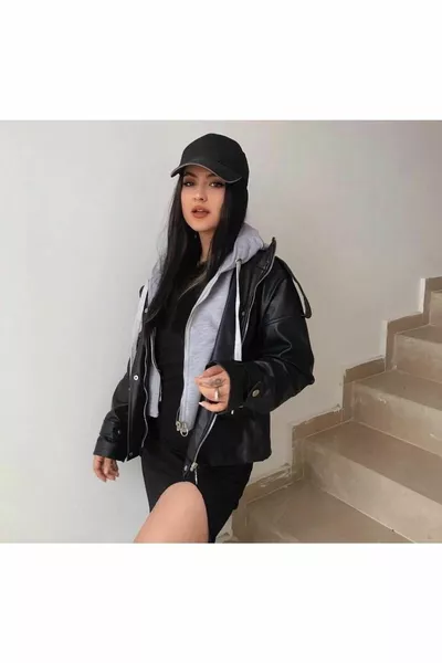 Leren jas met sweatdetail