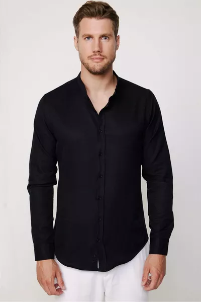 سليم صالح كم طويل القاضي طوق القطن من السهل الكي الرجال قميص أسود