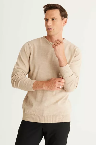 Heren Beige Anti-pilling Standard Fit Normaal gesneden Ronde hals Knitwear Trui