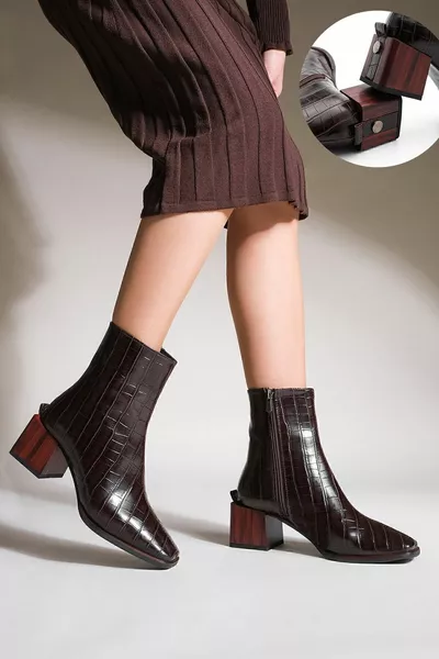 Дамски ботуши на ток и ботуши Тъп пръст Дървен модел Ток с цип Ежедневни класически ботуши Sayen Coffee Croco