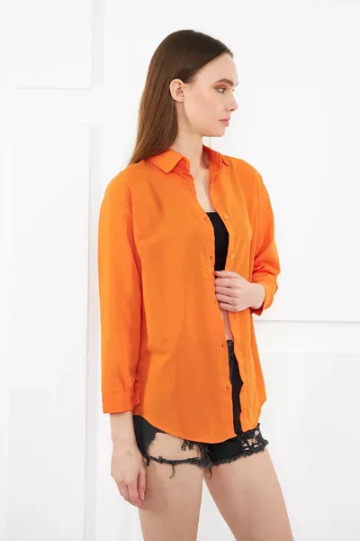 قميص نسائي برتقالي طويل أساسي كبير الحجم