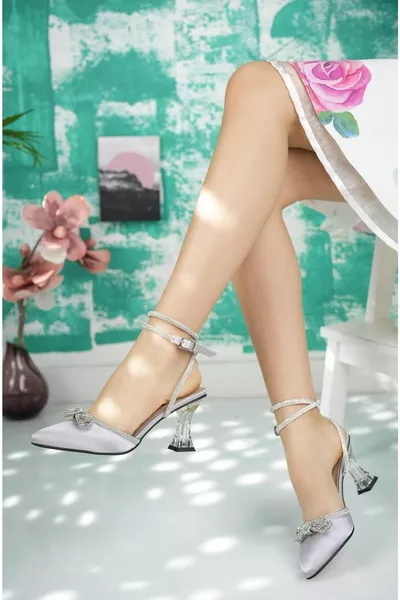 Satin Silver Ankle Tie Stone Bow Heeled Women's Shoes