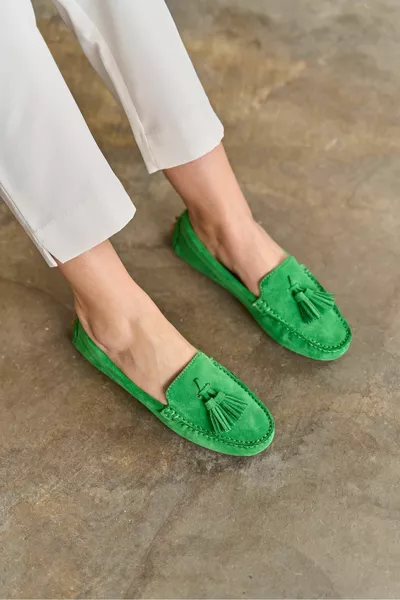 بينيلوبي الأخضر من جلد الغزال جلد طبيعي شرابة المرأة أحذية المتسكع