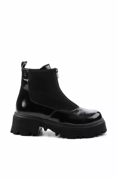 أسود مجعد براءات الاختراع الجلود النسائية الجوارب و Bootie 