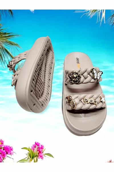 Dubbele Gebreide Band, Comfortabele Zool, Sticker, Steen, Zee, Zwembad, Buiten, Huispantoffels