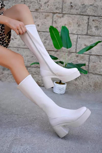 المرأة البيج تمتد طويلة الساق التفاف عالية وحيد منصة الكعب الأحذية