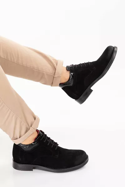  Мужские ортопедические ботинки на шнуровке и молнии из натуральной кожи черные сапоги