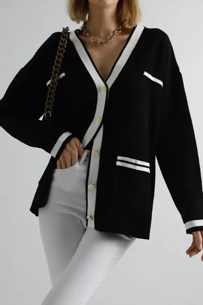 أسود الذهب زر شريط مفصلة كبيرة الحجم تريكو كارديجان