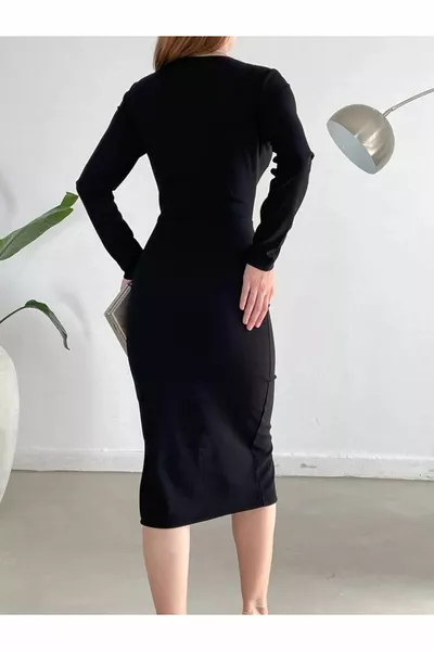 الموسم الجديد تنورة دولاب الموازنة شق مفصلة طويلة الأكمام بسط كريب النسيج الأسود ميدي طول مساء اللباس 